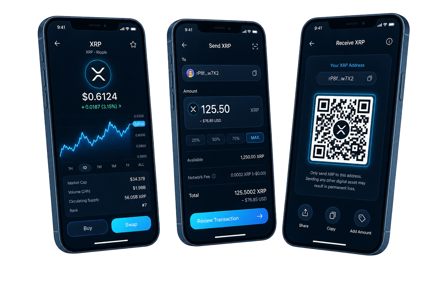 Swyftx Wallet app screens: XRP detail, send and receive